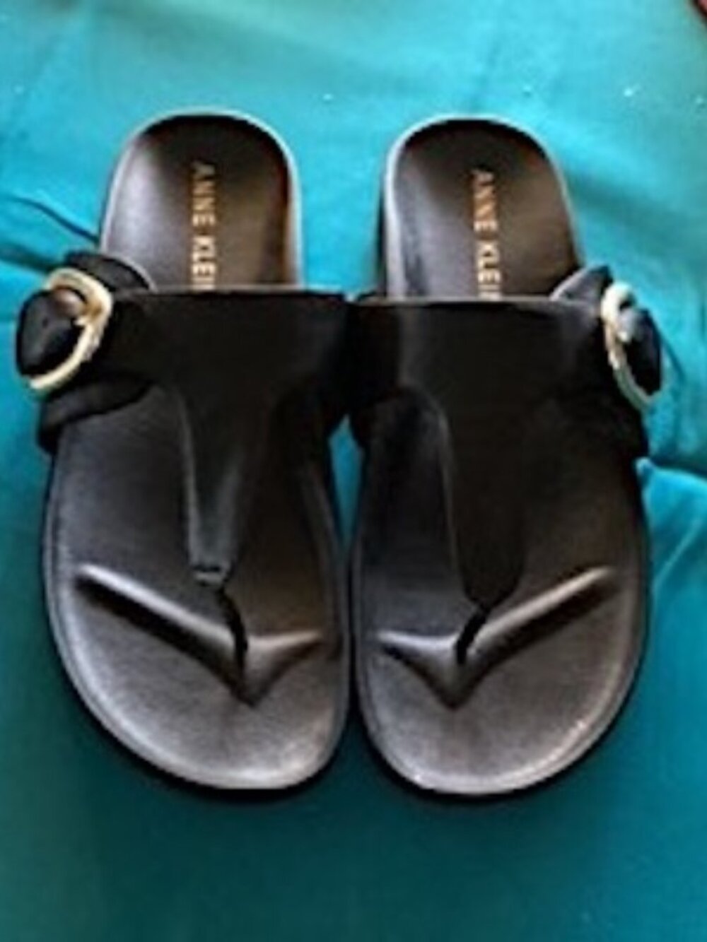 Anne Klein Dori Sandal, black, gold buckle. womens size 10 M